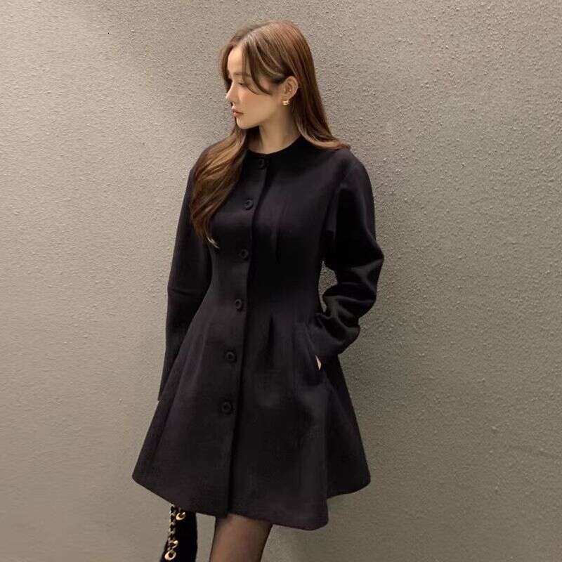 2025 Autumn Round Neck Single Breasted Pleated Waist Slimming Solid Color Long Sleeved Woolen Women's Coat