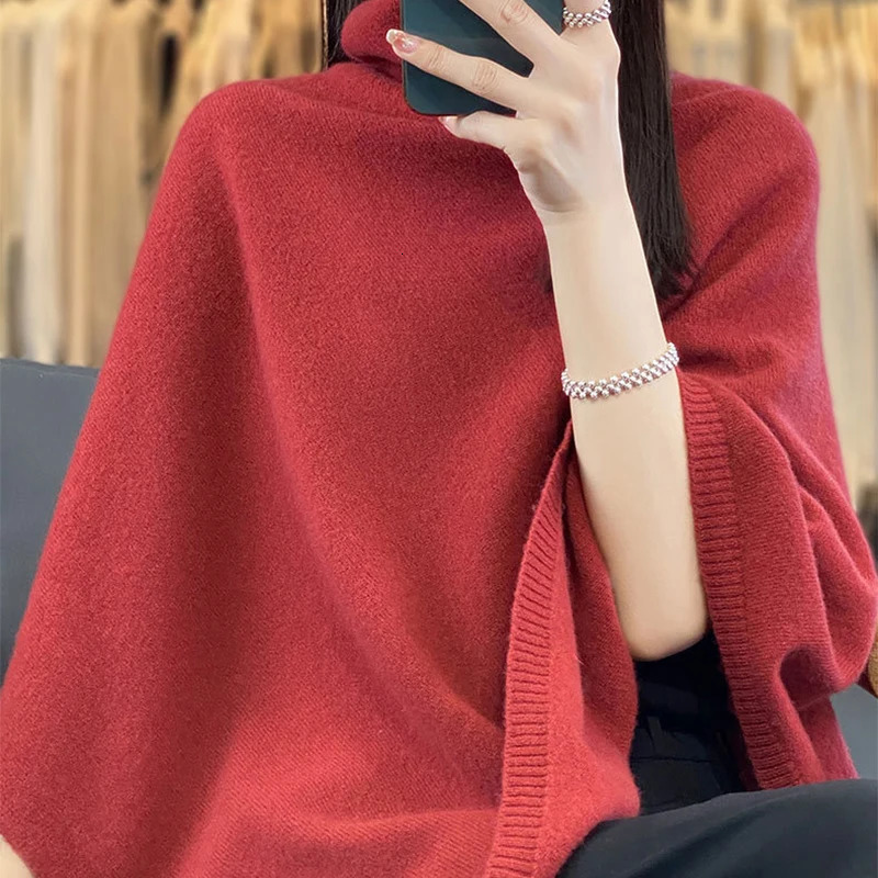 Turtleneck Cashmere Poncho Pullover Shawls 100%Wool Knitted Irregular Cloak Fashion Soft Warm Wollen Bat Sleeve Loose Pullovers 250729