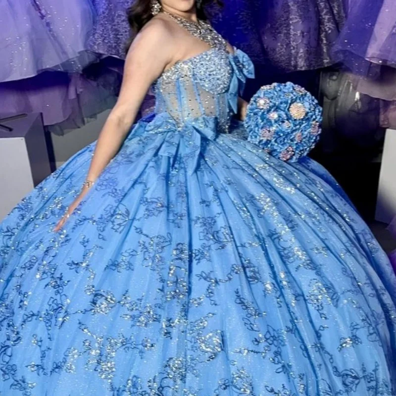 Sky Blue Shiny Off The Shoulder Ball Gown Quinceanera Dresses Sequin Applique Beads Bow Sweet 16 Dress Vestidos 15 De Anos