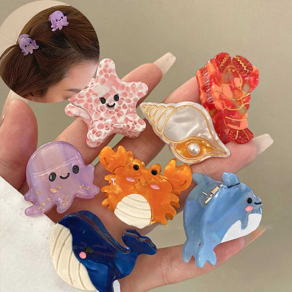 Small Delicate Cute Childs Acetate Hair Clips Cartoon Whale Seahorse Crab Starfish Hairpins Side Bangs Girls Hair Accessories R250730