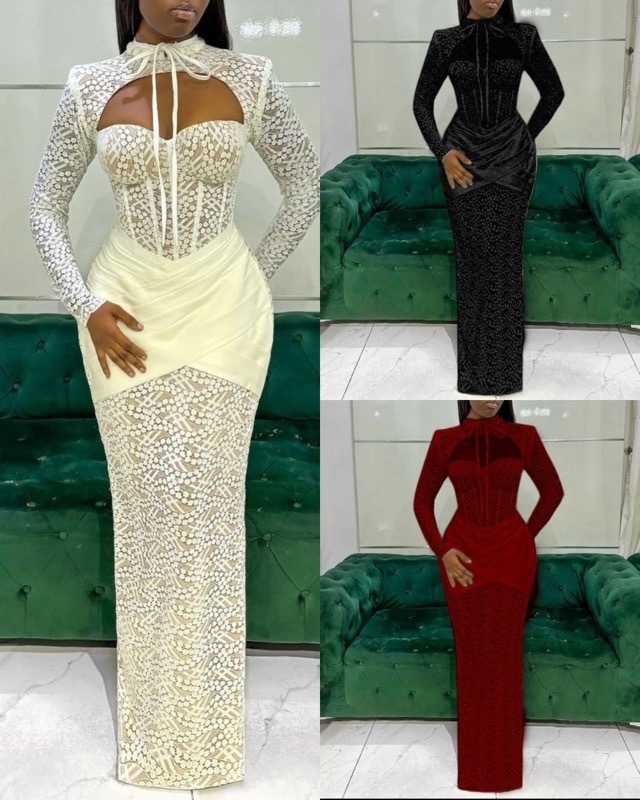 New Half-high Collar Lace-up Stitching Low-cut Sexy Hip-hugging Long-sleeved Dress Evening Dress