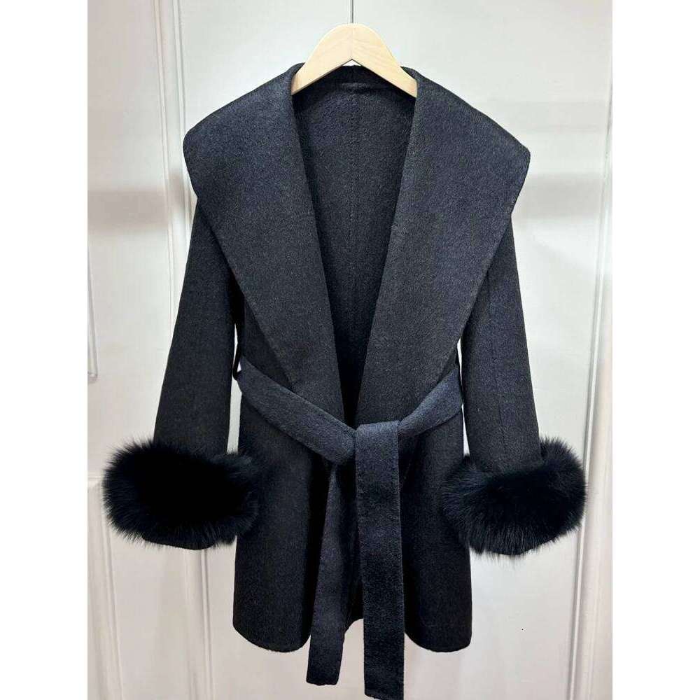 Designer Clothing Janveny 2025 New Winter Real Natural Fox Fur Cuff Ladies Outwear Female Cashmere Wool Coat Outerwear Women Woolen Jacket Fashion