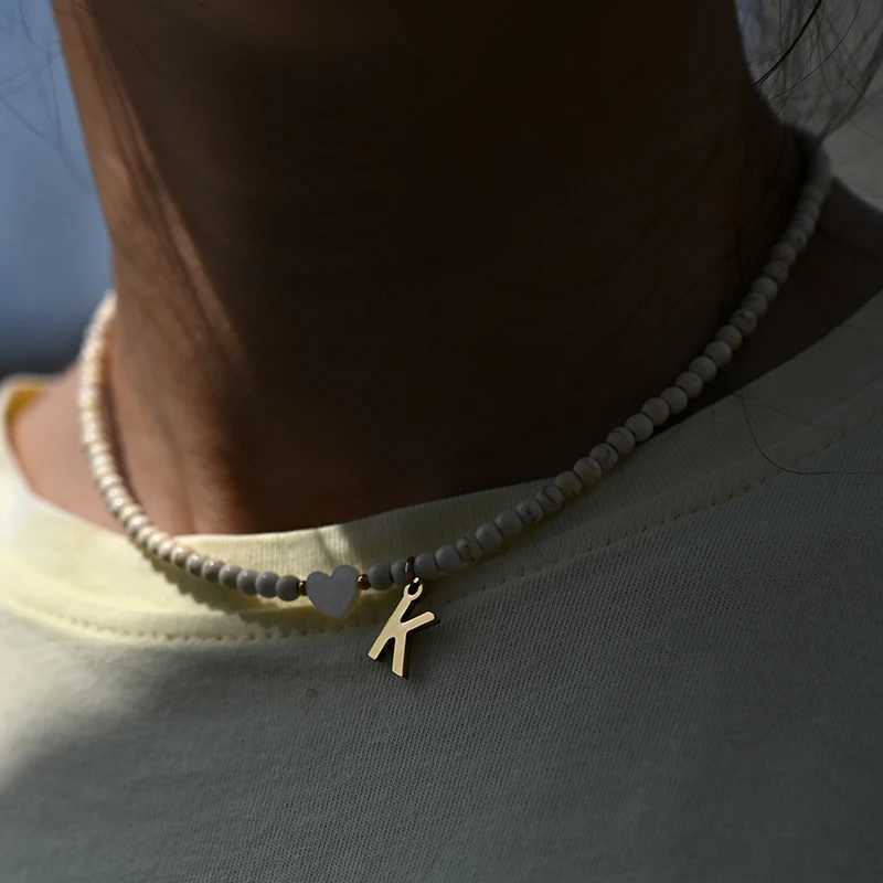 Colorful Beads Initial Choker for Women Stainless Steel Letter Pendant Necklace Fashion Shell Heart Jewelry Boho Accessories Z250731 Z250910