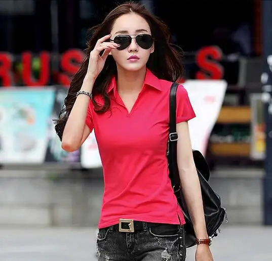 95 Cotton T shirt Summer Polo Shirt Women Short Sleeve Solid Slim Polos Mujer Shirts Tops Fashion Plus Size Femme 250729