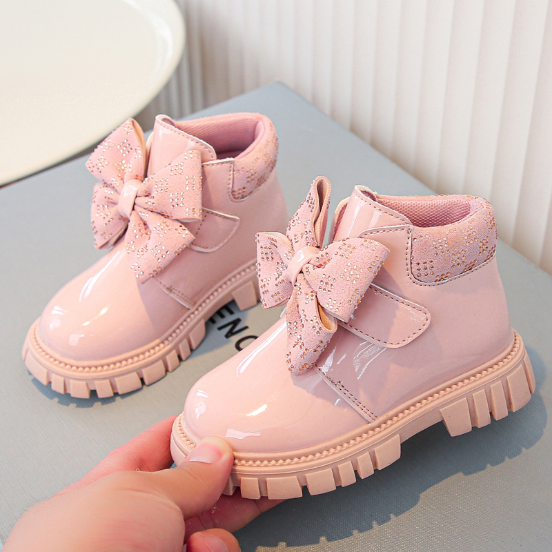 Sweet bow girls short boots glossy princess style children's boots cute baby leather boots