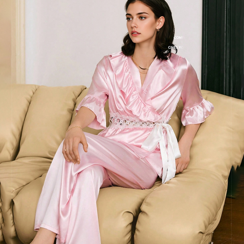 2025 New Women's Spring/Summer Silk Color Lace Openwork Tie-up Short Sleeve Long Pants Pajama Set Homewear