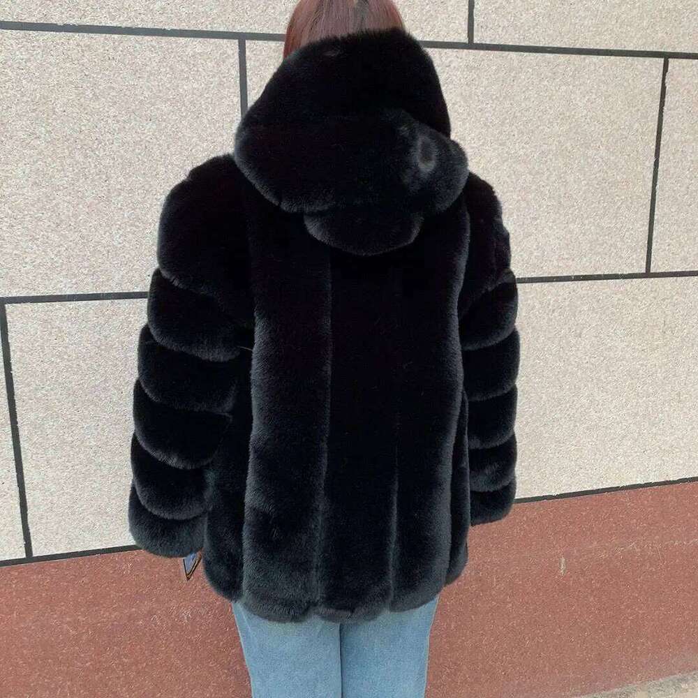 LHXDW Women's faux fur hooded coat winter warm fashion hooded fur jacket imitation fox fur fluffy coat women's clothing