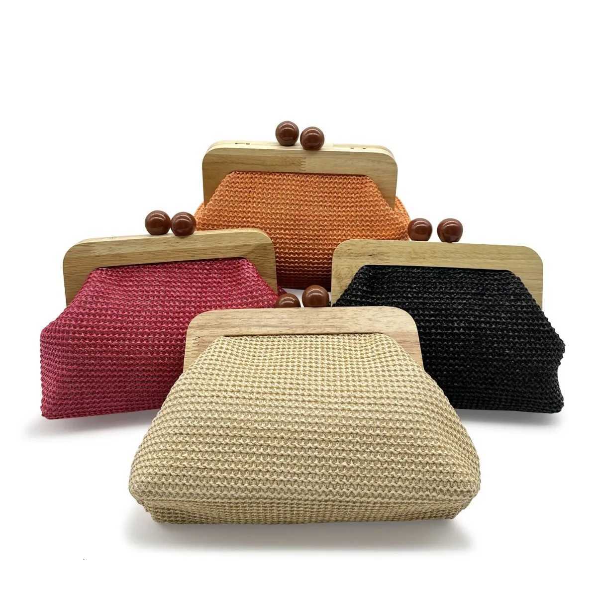 Fashion Wooden Clip Shell Clutch Bags for Women Straw Chains Shoulder Crossbody Bags Casual Summer Beach Bag Elegant Party Purse Y250730