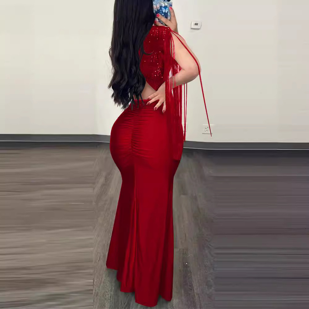 Fashionable pearl wrapped hip sexy dress with round neckline slit tassel sleeves pleated evening gown