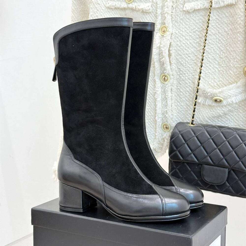 Women Size35-41 Genuine Leather Med Heels Natural Cow Suede Mid Calf Boots Zipper Designer Shoes Zapatillas De Mujer 5ef