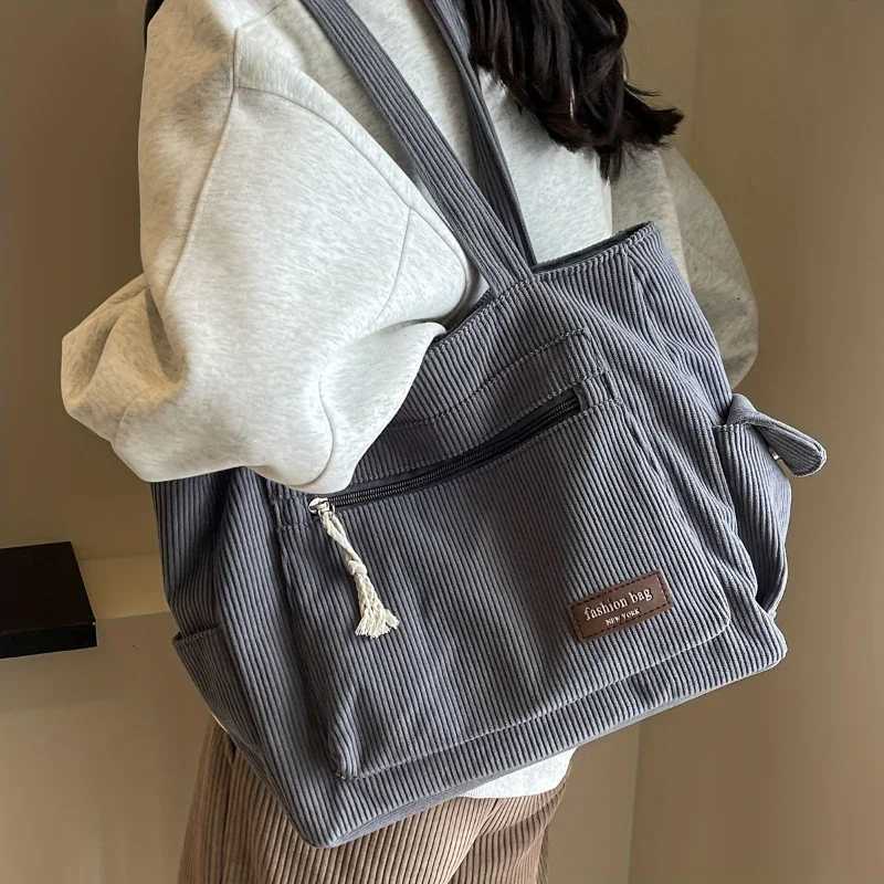 Simple Corduroy Tote Bag Solid Color Shoulder Bag Multi Pockets Handbag For School Work Shopping Y250730