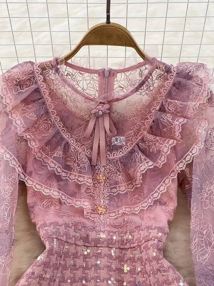 Autumn Flower Embroidery Mesh Patchwork Sequined Tweed Dress Women Ruffled Petal Sleeve Bow A Line Short Party Dresses dongdumaoyi