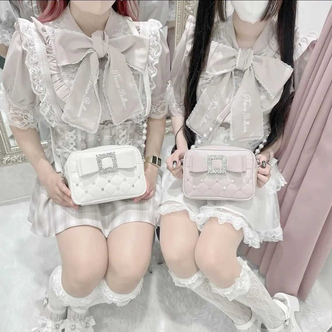 Diamond Bow Pink Square Bag For Women Mine Series Beading Pearl Y2k Messenger Bag Hot Sweet KAWaii Shoulder Crossbody Bag Y250730