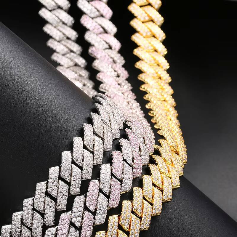 TUHE Jewelry 14mm 2 Rows Real Gold Plated S925 VVS Moissanite Pass Diamond Tester Cuban Link Chain Necklace