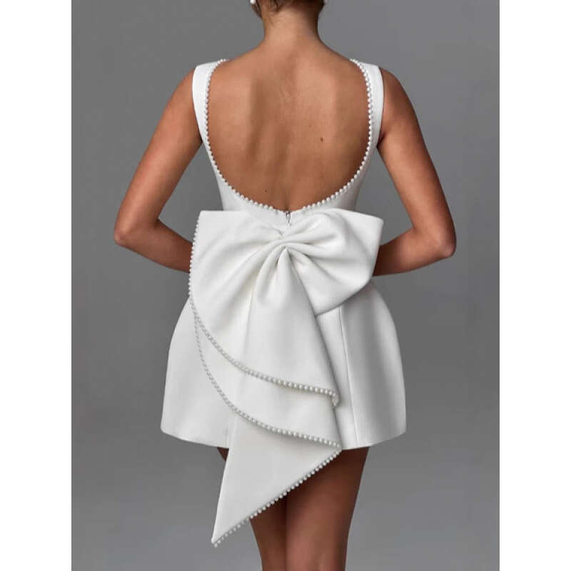 Summer Women's Pearl Bow Fashion Slim Short Backless Hot Girl A-line Dress