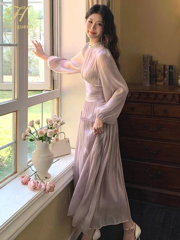 an Queen Spring Pleated Waist Cinched Long Bubble sleeve Dress A-line Casual Nail Bead Vintage French style Party Dresses ddmysept