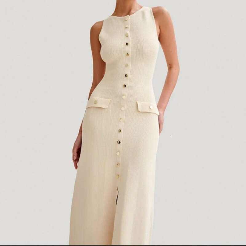 Women's Metal Buckle Decorated Knitted Round Neck Sleeveless Single-Breasted Long Dress