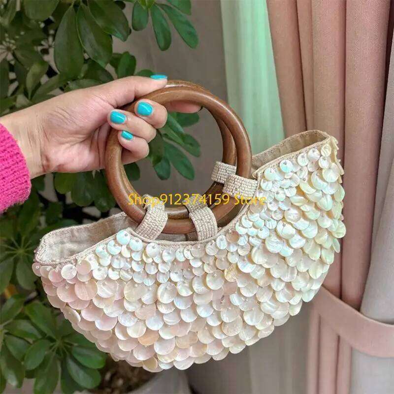 G5AE Elegant Beaded Shell Design Top Handle Purse Bohemian Handmade Handbag For Vacation Essential And Casual Ocn