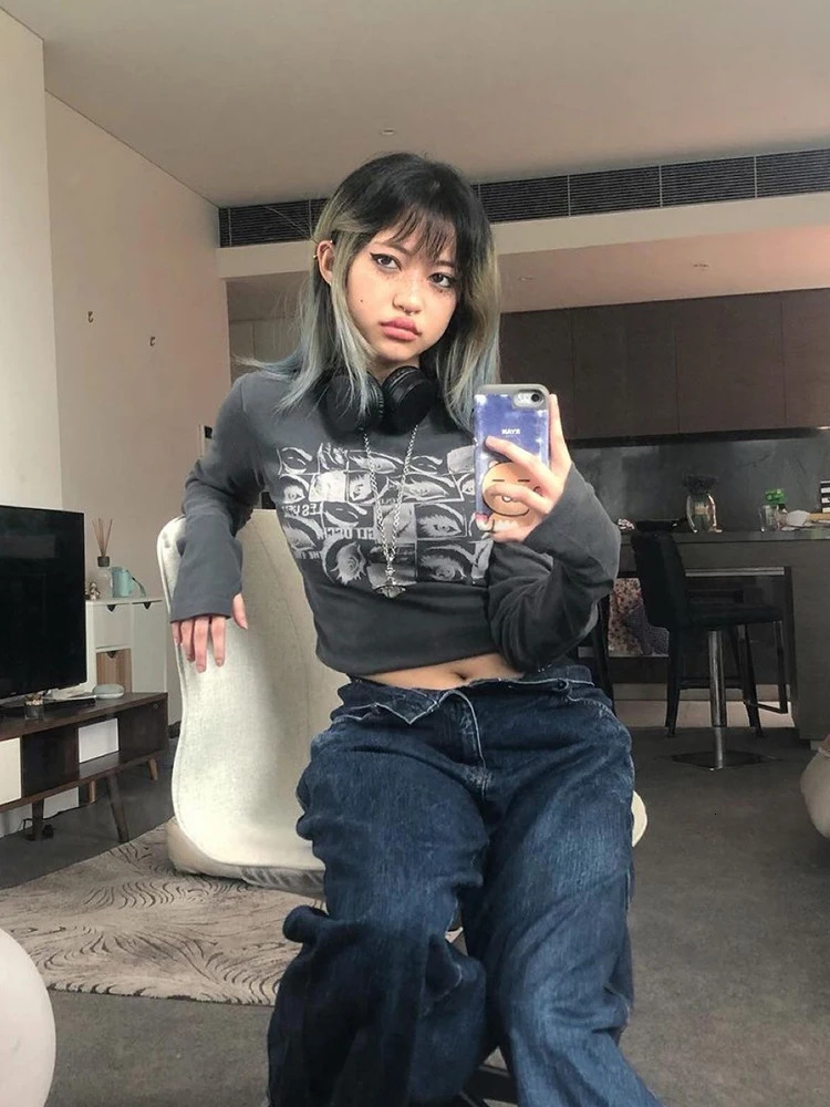 Women retro Eyes Print Tops Fairy Grunge Graphic Spring T Shirts Vintage Indie Aesthetic Clothes Cyber Y2k Slim Long Sleeve Top 250730