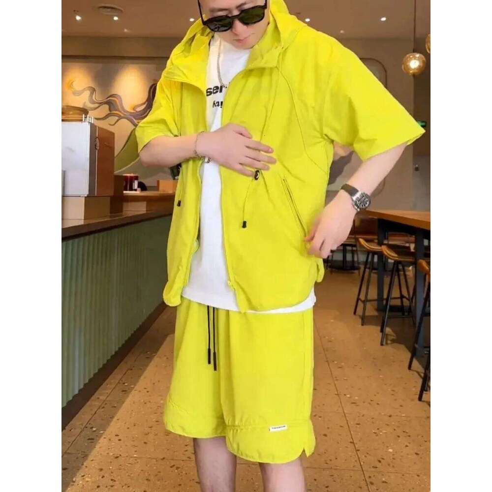 Summer Men Tracksuit Chic Hooded Quick Drying Short Sleeve Shorts Casual Zip Shirt Couple Youth Korean Loose Two Piece Set