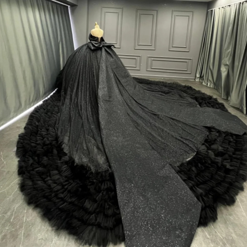 Black Shiny Quinceanera Dresses Off The Shoulder Applique Beading Bow Tiered Tull Ball Gown Vestidos De 15 Anos Sweet 16 Dress