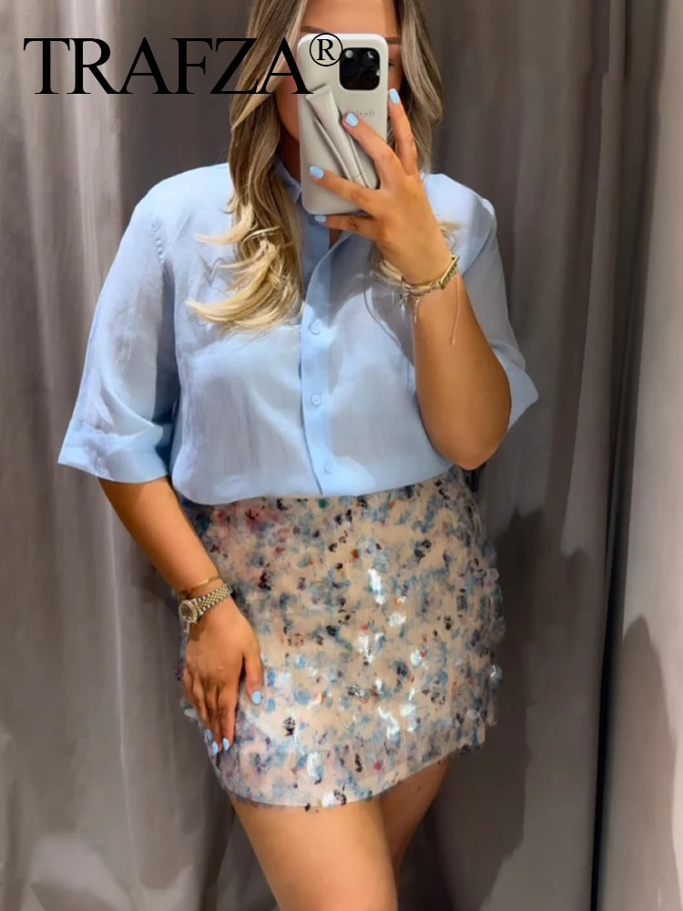 TRAFZA Elegant Women Solid Sequined Slim Mini Skirt Sparkling Party Style Female Sexy High Waist Short ALine 250730
