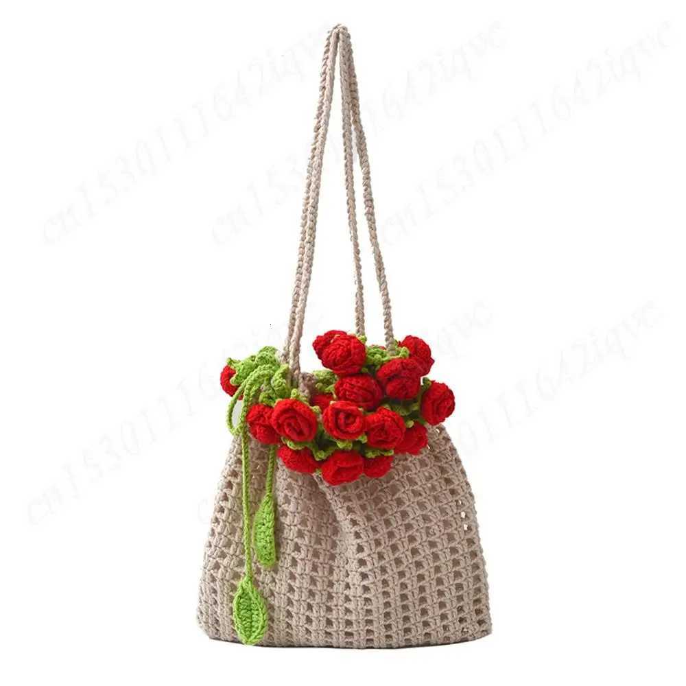 Rose Crochet Handbag 2025 Spring Cute Knitted Shoulder Bag Romantic Designer Floral Hollowed Out Ladies Shoulder Bag Armpit Bags Y250730