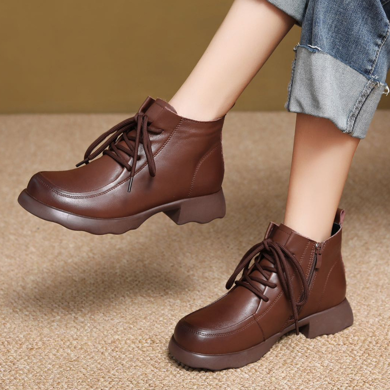 Retro Martin Boots Women's 2025 Winter New Style Chunky Heel Lace-Up Short Boots Low-Top Leather Boots Mom Shoes Thickened Warmth