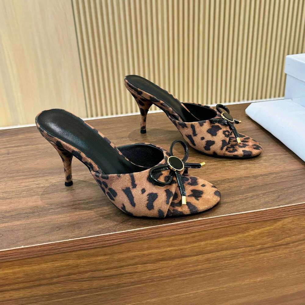 Women Size35-43 Leopard Horsehair Slippers Super High Heels Butterfly Knot Summer Slide Designer Shoes Zapatillas De Mujer 56b