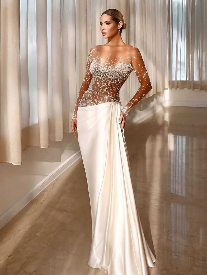 Sexy Mermaid Wedding Dress Sheer Neck Long Sleeves Bridal Gowns Sequins Beaded Sweep Train Dresses Custom Made vestidos de novia