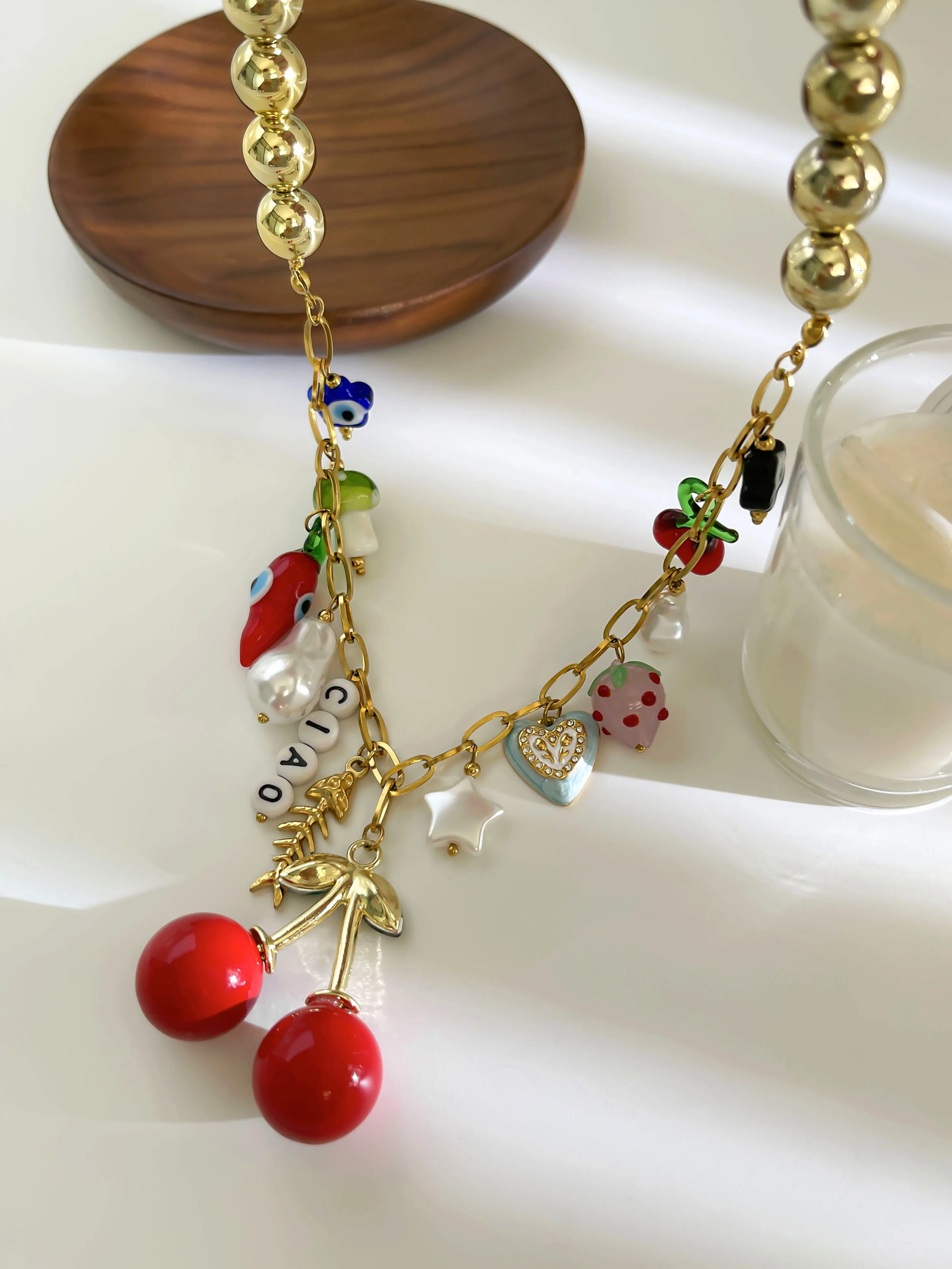 GHIDBK Statement Creative Stainless Steel Colored Enamel Glass Pearl Charm Pendant Necklace for Women CCB Metal Beads 250729