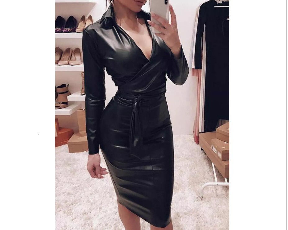 V-neck Jumper Dress PU leather long sleeve shirt dress slim sexy dress