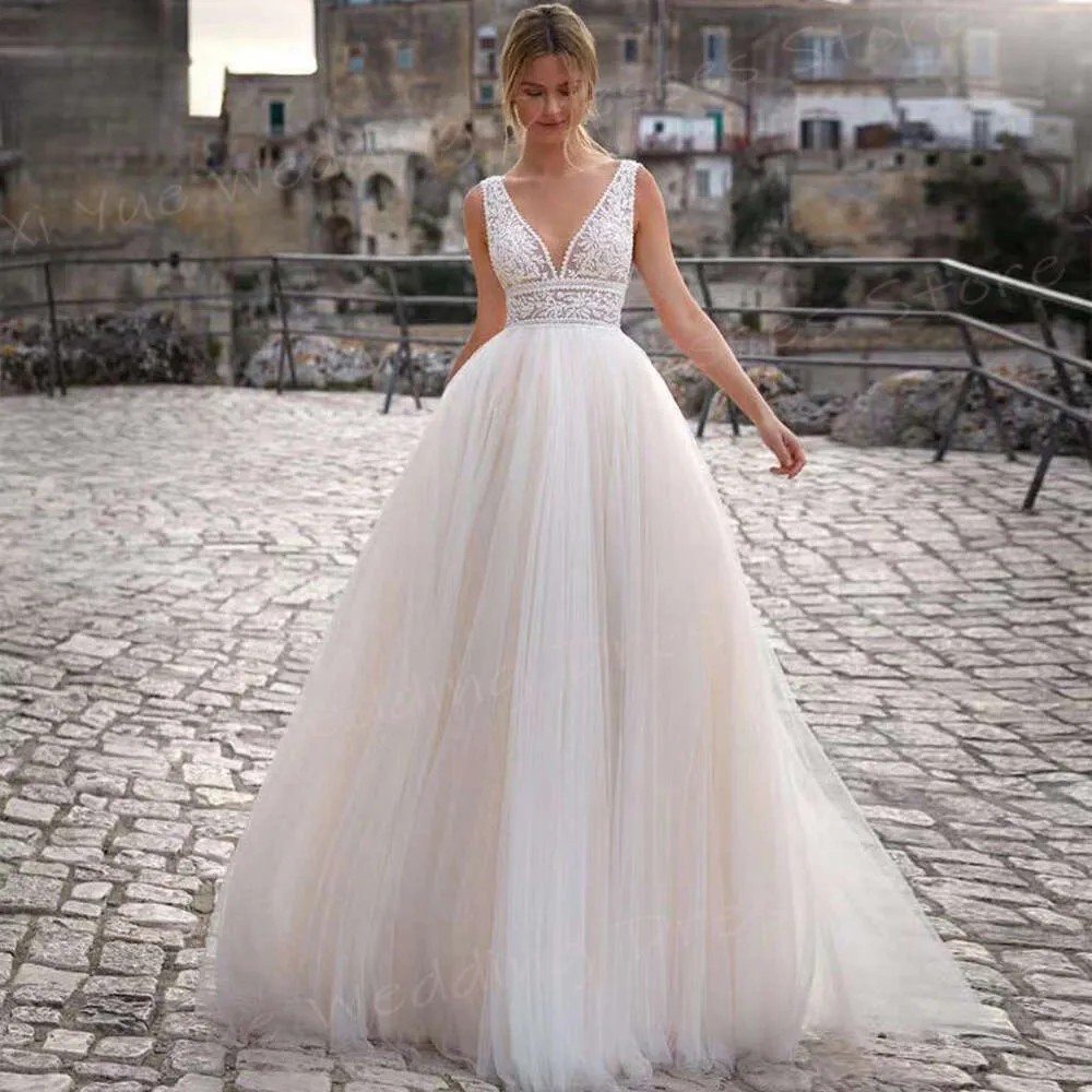 Elegant Sleeveless V Neck Wedding Dresses Sequins Applique Lace Bridal Gowns Formal Dress Plus Size Custom Made Vestido de novia