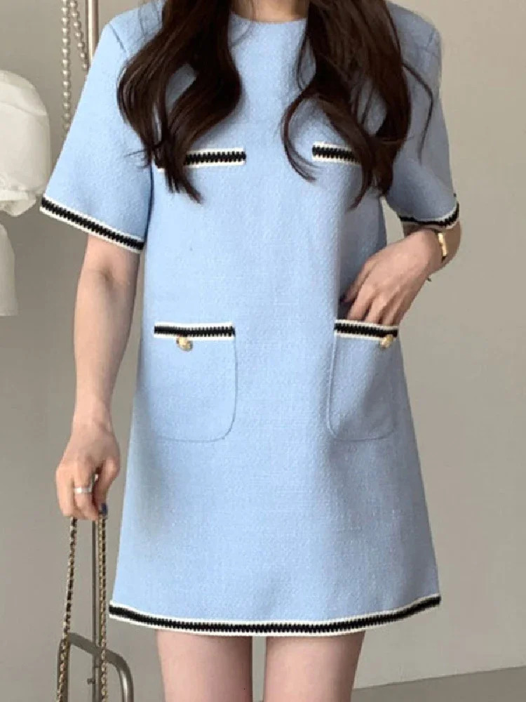 Women Dresses Korean Chic Summer Simple Round Neck Contrast Color Trim Pocket n Loose Shortsleeved Tweed Dress Women 250731