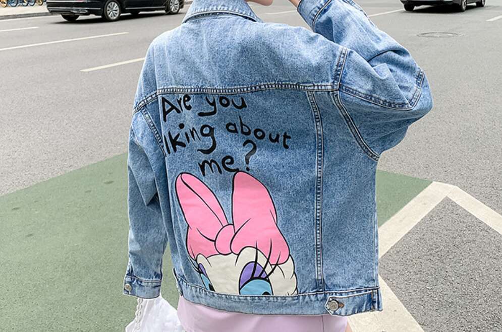 Designer Clothing 2025 Fashionable Retro Printing Lapel Long-Sleeved Denim Jacket For Women 2023 Spring And Autumn Loose Cartoon Duck Jeans Coat Femal