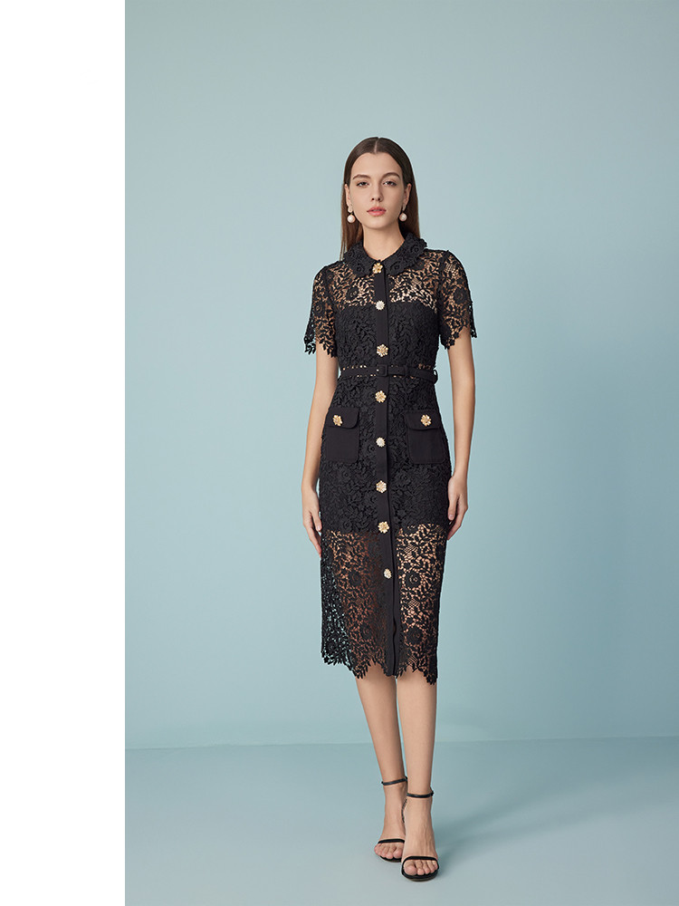 Summer New Elegant French Hollow Hot Diamond Button Midi Dress Water-Soluble Lace Dress Party Summer Resort Wear Office Women Clothing 6116474