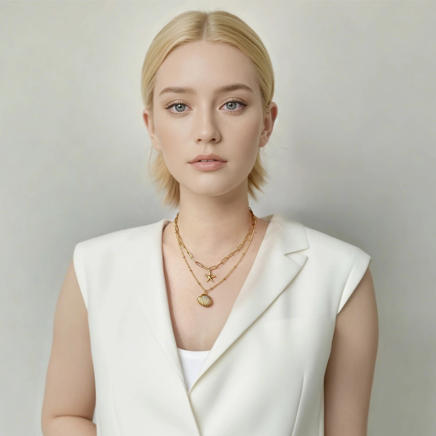 UHBINYCA Double Layered Chain Necklace for Women Summer Beach Seashell Starfish Pendant Stainless Steel Waterproof Jewelry 250716