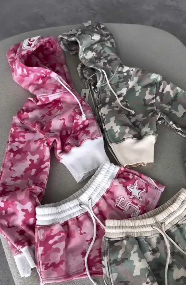 Women Harajuku Camouflage Zip Up Hoodie and Shorts 2 Piece Sets Y2k Sexy Slim Cropping Coat Sweatshirt Gothic Sport Short Suit XJ250731