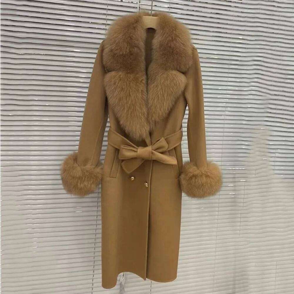 Designer Clothing Women Wool Cashmere Blended Coat 2024 Double Breasted Belt Outerwear Cuff New Long Real Fox Fur Collar Fashion Winter Jacket Fashion
