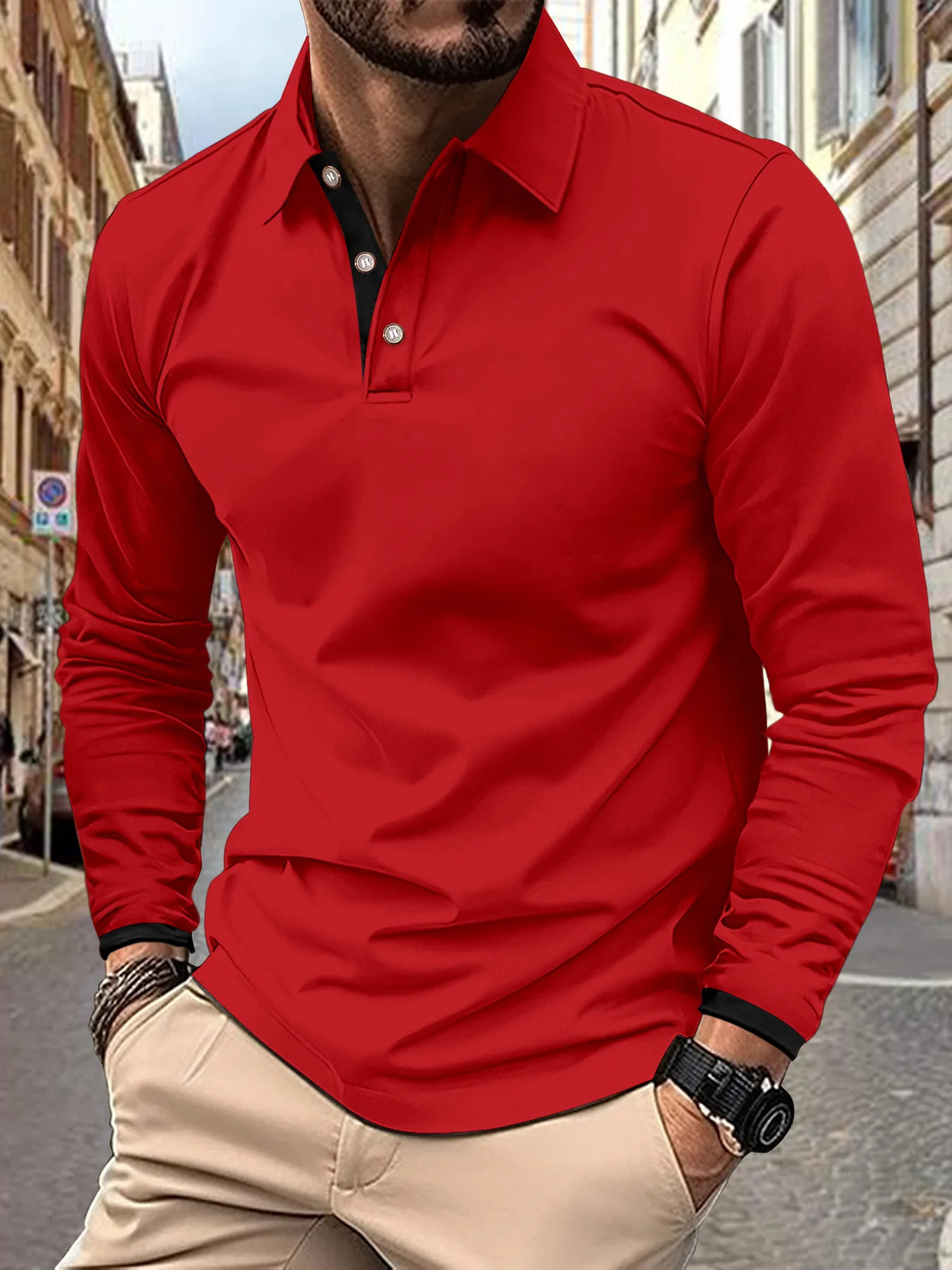 Spring and Autumn mens solid color business slimfit POLO shirt matching lapel long sleeve leisure sports polo 250731
