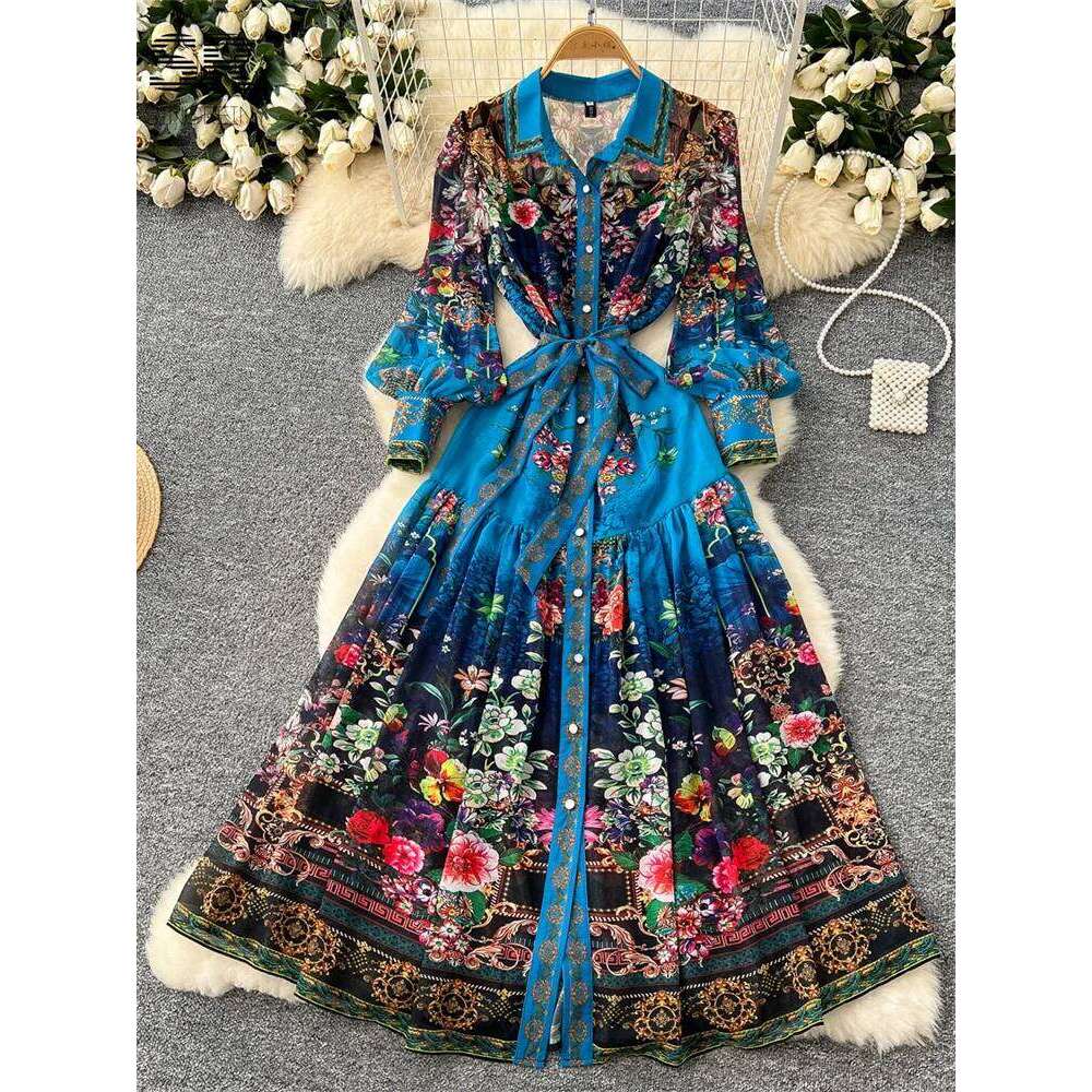 Vintage Print Chiffon Dresses Women Lantern Sleeve O Neck Design Fashion High Quality Court Floral Pleated Long Dress