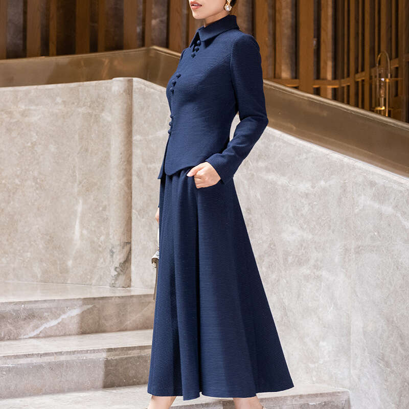 Blue Tweed Chanel Style Suit Dress Spring Autumn 2024 New Fashion Elegant Slim Fit Long Sleeve Two-Piece Set