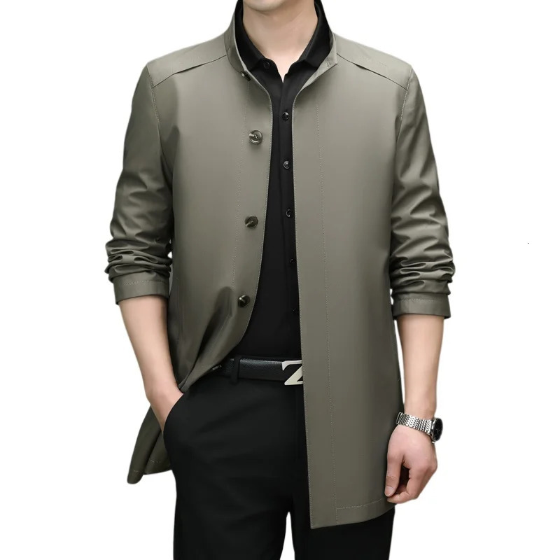 Mens 2025 Trench Coat Long Stand Collar Business Fashion Trend Solid Color Casual for Young People 250729