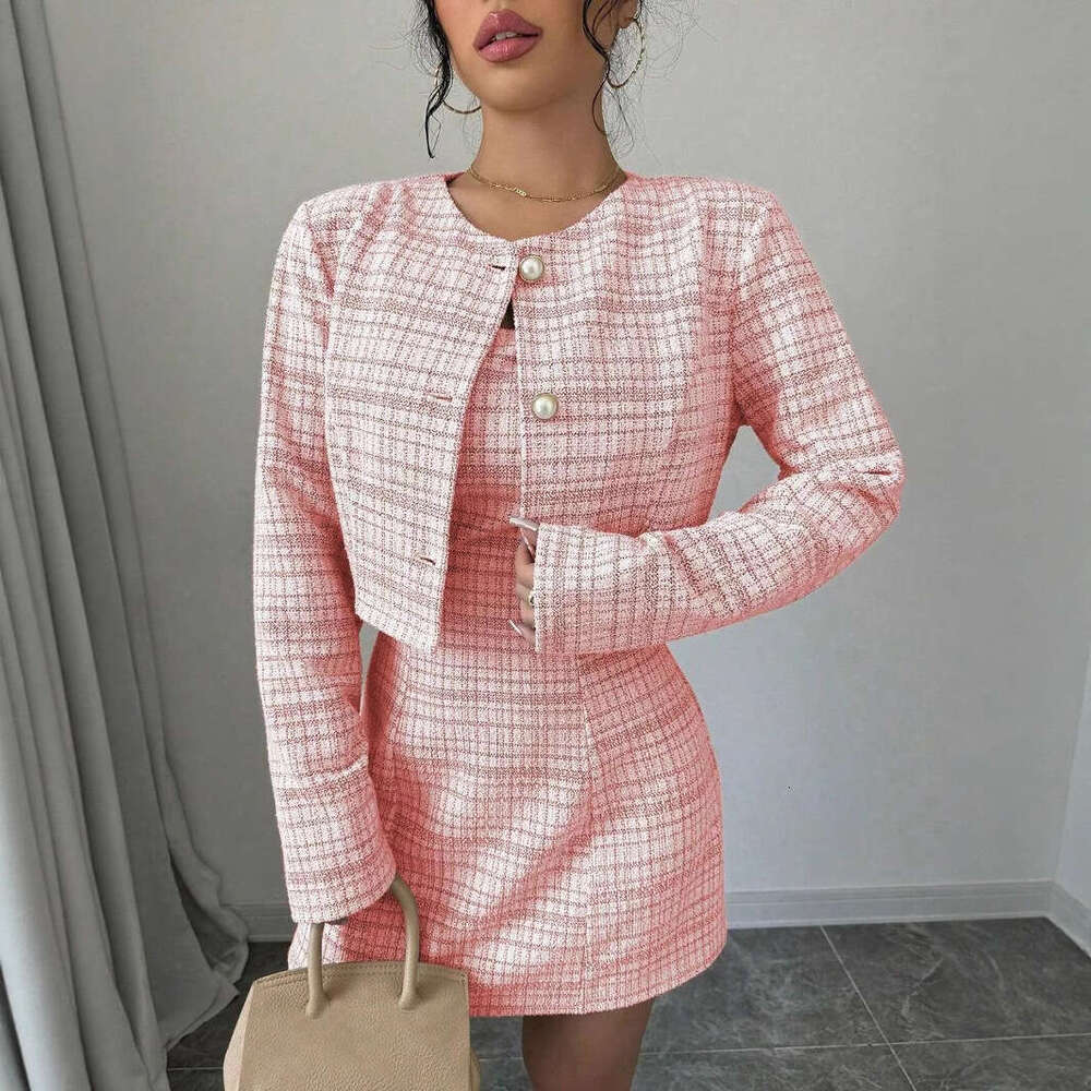 Autumn Winter New Women's Single-Breasted Short Coat + French Style Little Chanel Dress Two-Piece Set for Women