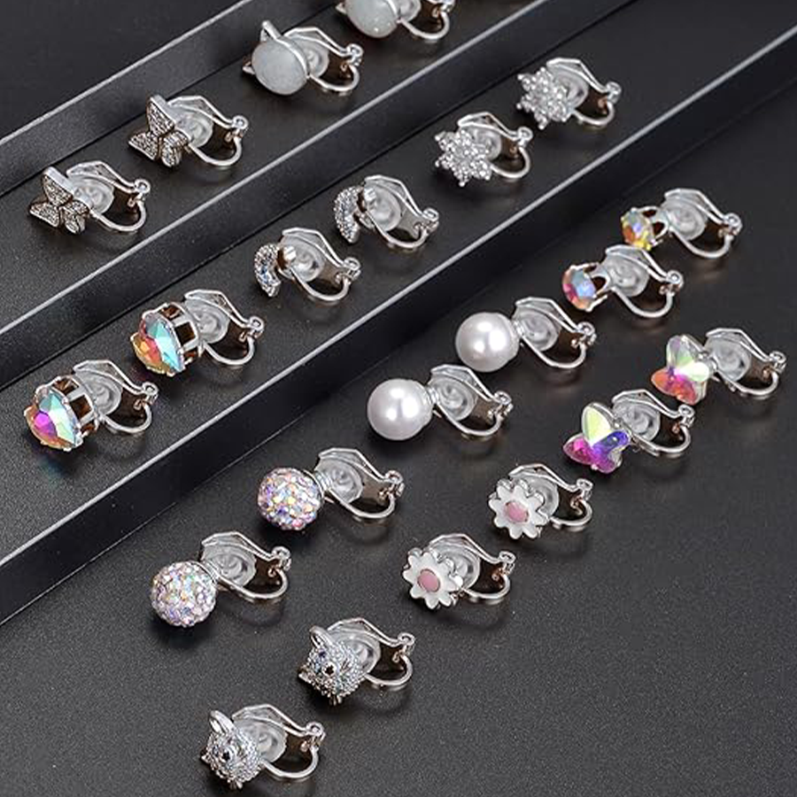 15Pairs Clip on Stud Earrings Non Pierced Teardrop Round Square CZ Pearl Twist Knot Flower Butterfly Heart Star Rainbow Cat Opal Clip on Earrings for 