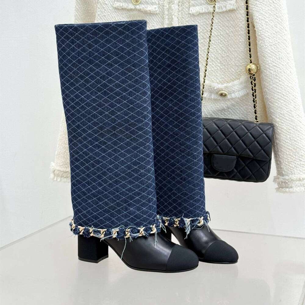 Women Size35-41 Genuine Leather High Heels Chain Knight Boots Round Toe Slip On Designer Shoes Zapatillas De Mujer e7b