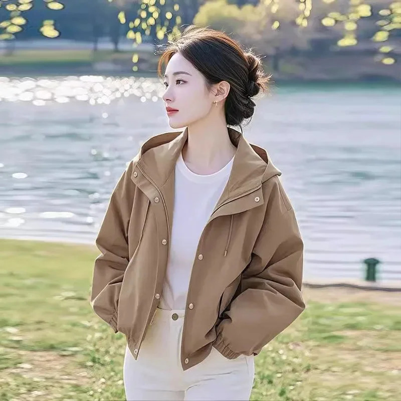 Khaki Spring Autumn Item Beautiful Casual Niche Loose Yellow Hooded Short Jacket For Women Outcoat With Lining 250728