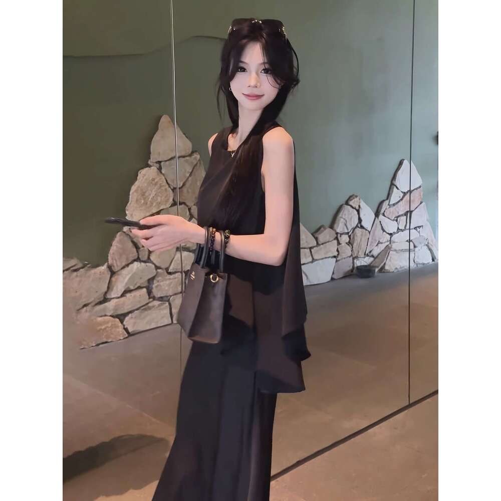 Summer Outfit Set for Women Plus Size Black Sleeveless Top and Skirt Hepburn Style Age-Reducing Super Popular Dress