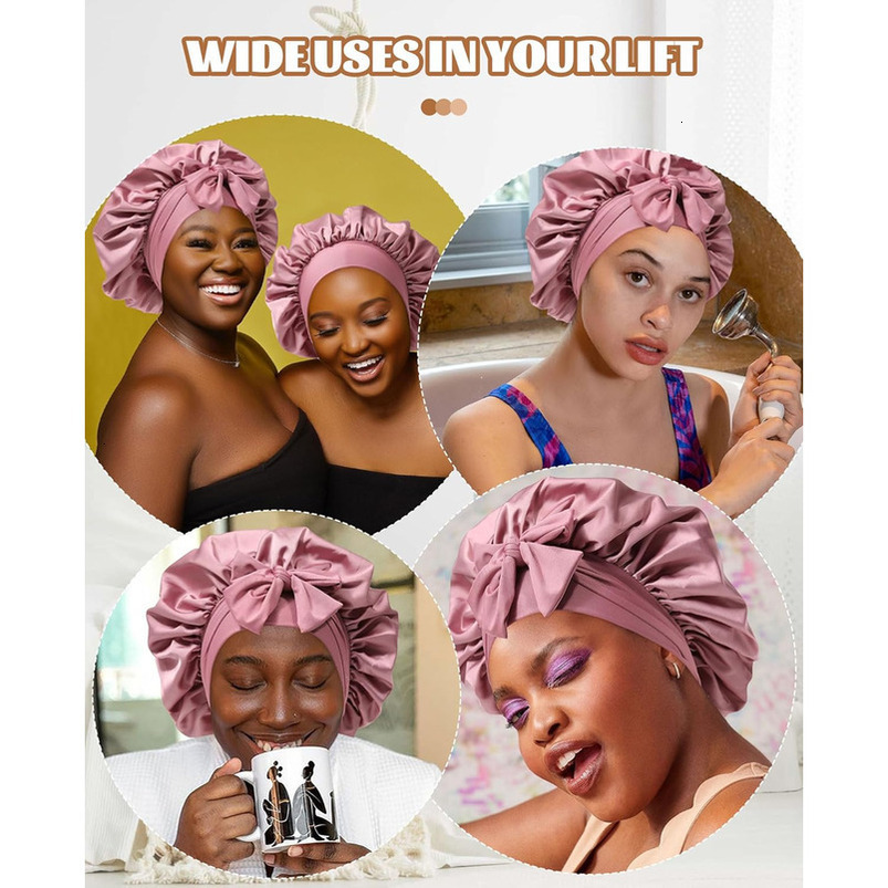 Satin Sleeping Silk Sleep Double Layer Bonnet with Elastic Tie Band for Curly Hair Night Cap (Bean Paste + Pink)