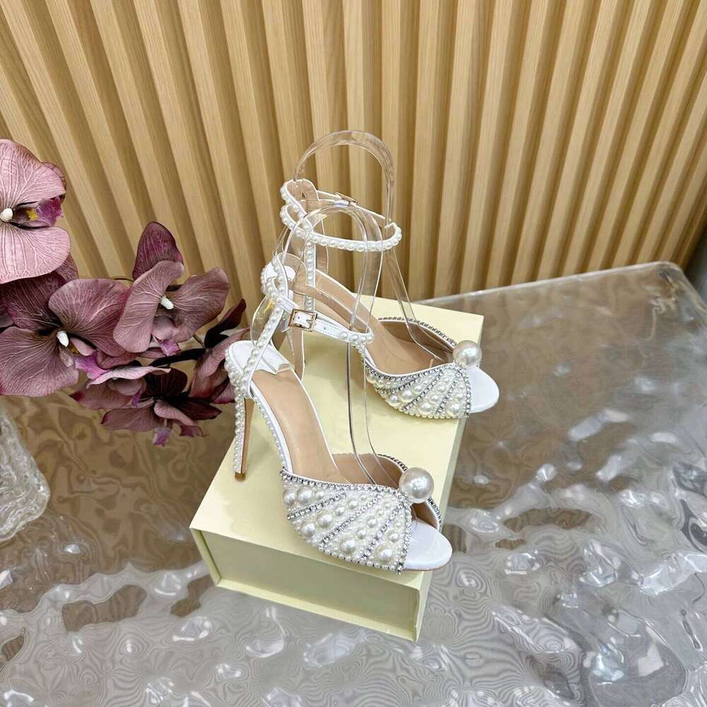 Women Size34-42 Genuine Leather Sandals Super High Heels Pearls Pumps Crystal Wedding Designer Shoes Zapatillas De Mujer 2e9